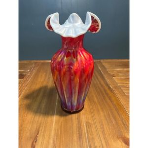 Red Irridescent Fenton Ruffle Vase